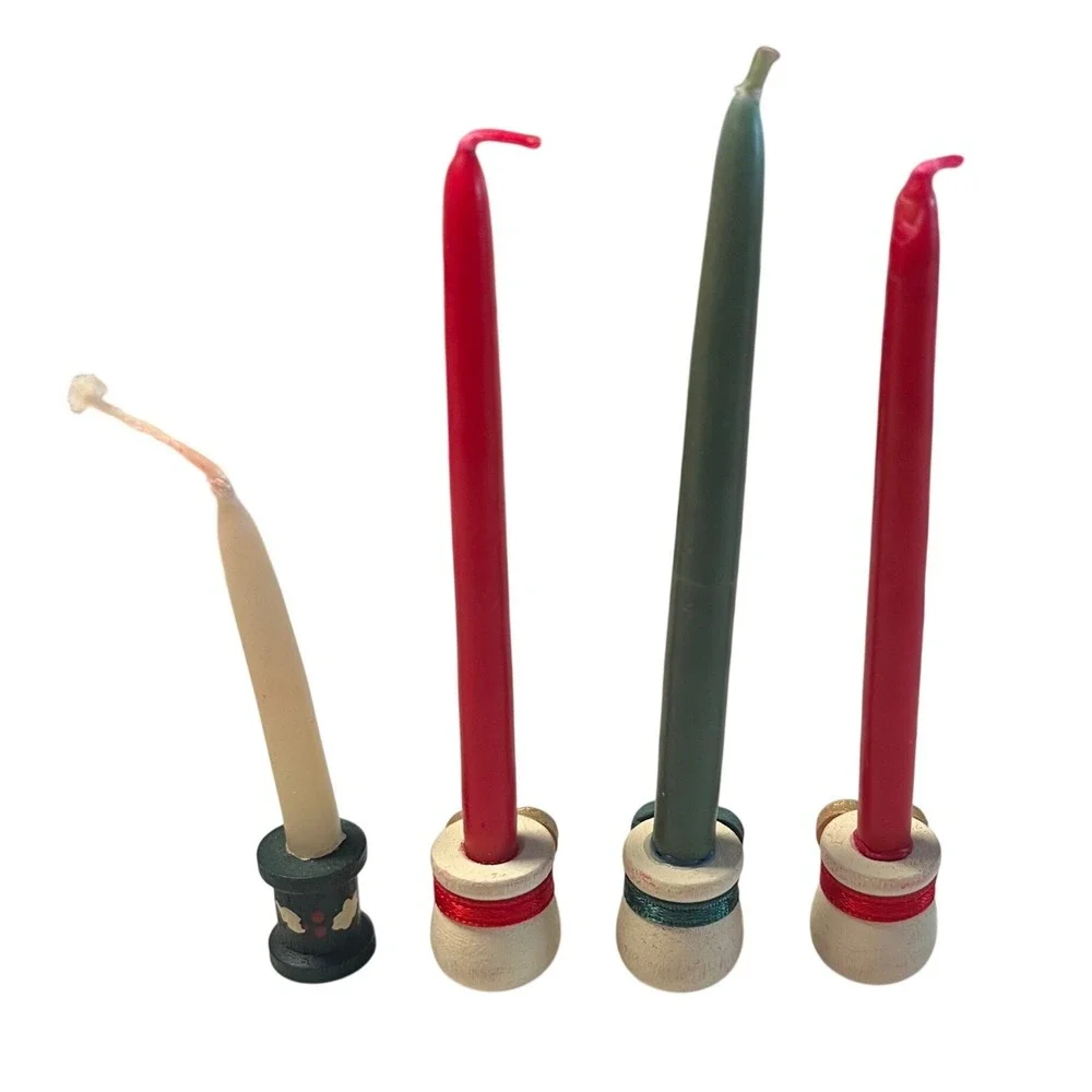 Vintage Style Miniature Wood Candle Holders‎ with Tiny Taper Candles Set of 4